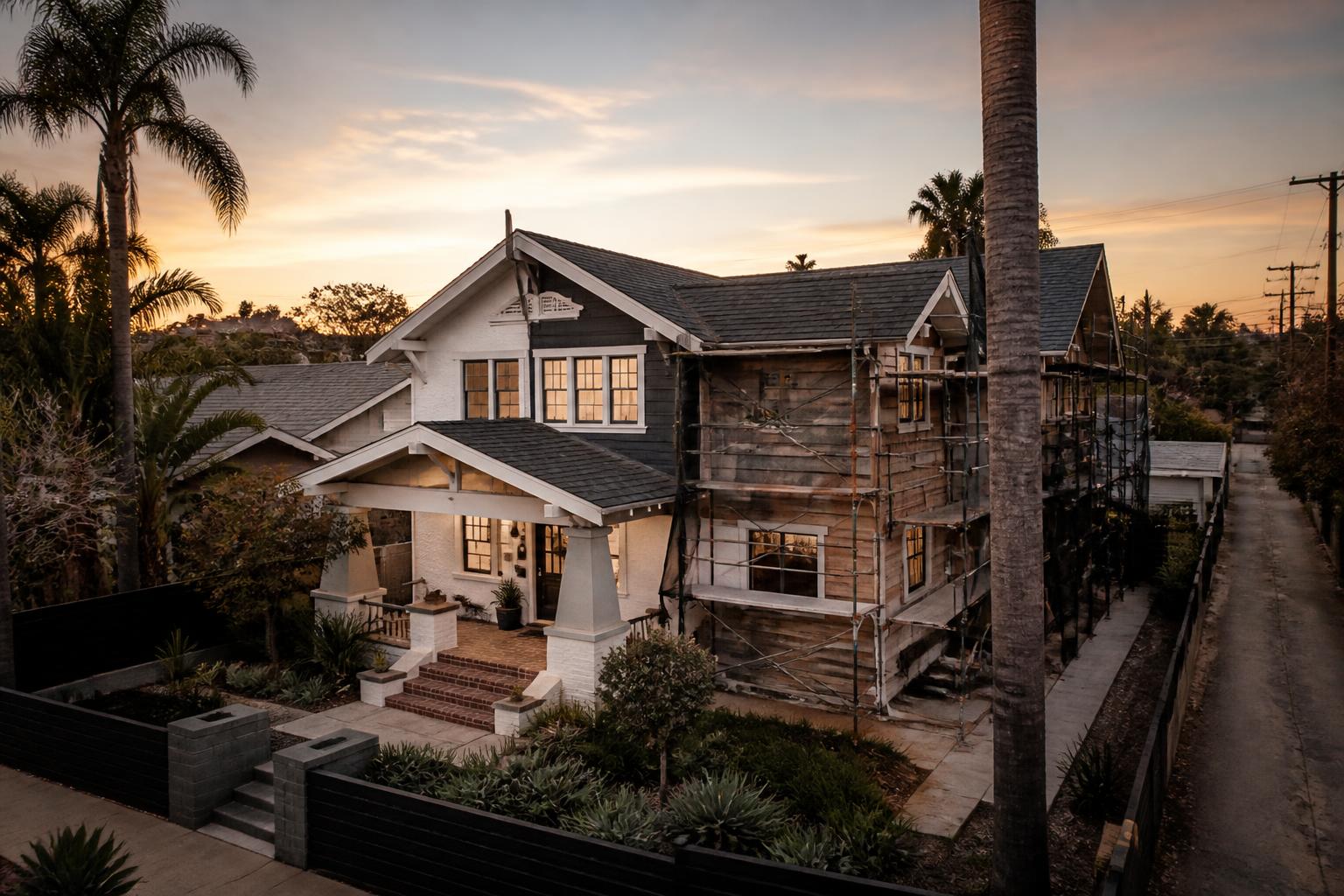 San Diego craftsman home mid-renovation at twilight
